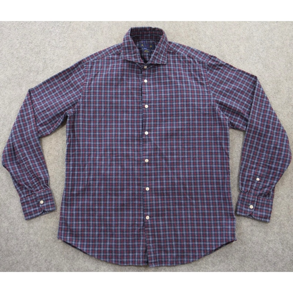 Piombo Shirt Mens Large Blue Red Button Up Twill Checks Long Sleeve
